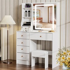 Set Sgabello Scrivania Vanity con Specchio Illuminato LED e 6 Cassetti Tavolo Trucco Bianco Nuovo
