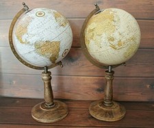 MAPPAMONDO DA TAVOLO H 42 BASE ALTA in LEGNO ARREDO VINTAGE SFERA ø 21 Cm BEIGE