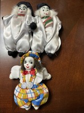 Lotto di 3 statuine mini pagliaccio bambola vintage con testa in porcellana e corpo sacco di sabbia