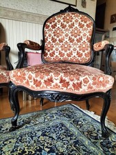 Salotto francese in lacca nera, divano a tre posti e quattro poltrone luigi XV