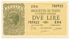 2 LIRE BIGLIETTO DI STATO LOGOTENENZA UMBERTO VENTURA 23/11/1944 FDS
