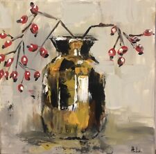 Dipinto Acrilico Su Tela Astratto Still Life Fiori Vasi 30x30