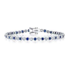 14K Oro Bianco Blu Zaffiro Diamante Braccialetto Tennis Corona Set Naturale 2.58