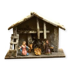 Vintage Presepe Stalla Capanna Natività Legno Maria Giuseppe Gesù 25x33x12 cm