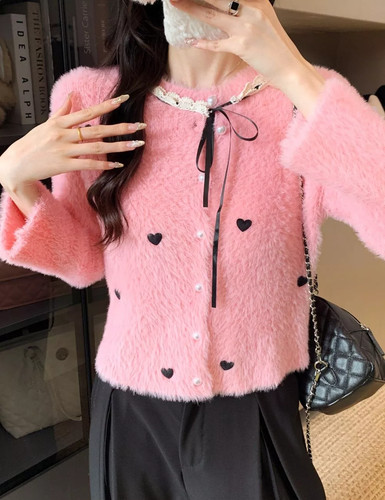 Cardigan rosa peloso con cuori - peloso,