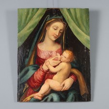 Antica Madonna Allatta Bambino Dipinto Olio su Tavola Noce XVI Secolo Autentico