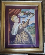 Arazzo Fatto A Mano Piccolo Punto E Mezzo Punto Incorniciato XX Secolo