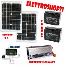 KIT FOTOVOLTAICO 1 KW PANNELLO CELLE SILICIO 30W 12V BATTERIA 20AMP REGOLATORE30
