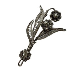 Antica spilla floreale in filigrana argento - ramo di margherita, fatta a mano, vintage