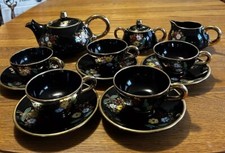 DERUTA FRATELLI MARI MAIOLICA SET DA TÈ NERO FIORI BRILLANTI CERCHI ORO PESANTE VINTAGE