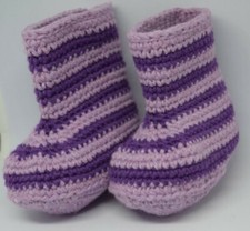 Scarponcini calzini neonato, uncinetto, strisce glicine e viola, cotone. Nuovo