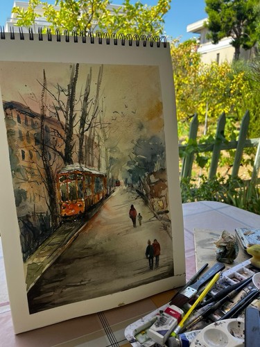 Dipinto acquerello milano - acquerello, tram