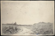 ANTICO DISEGNO A CARBONCINO-PAESAGGIO DI CAMPAGNA-45 x 29 CM