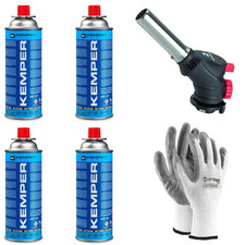 CANNELLO BRUCIATORE TORCIA SALDATORE GAS + 4 CARTUCCE GAS 227 KEMPER  + GUANTI