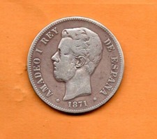 Moneta Spagna 5 Pesetas 1871 Amedeo I, Argento .900, 37mm, 25gr. KM#666