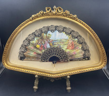 Quadro ventaglio ventaglierà decorato a mano ricamo stecche d'orate vintage