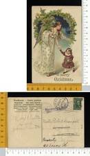 V3098] BUON NATALE - ANGELO VESTITO BIANCO CON ABETE E BAMBINA - RILIEVO 1908