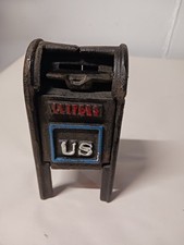 Vintage US Red, White,  & Blue Cast Iron Mailbox Bank Moving Drop Slot Door 