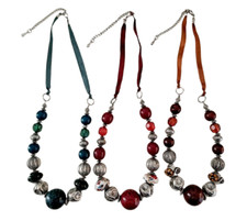 Collana perle pietre colorate e argentate cordino raso regolabile donna ragazza