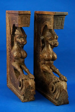 Coppia Sculture grandi reggi mensola legno ARPIE GOTICO 1500-1600 XVI XVII sec.