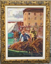 AGOSTINO VERONI - PESCATORI A LIVORNO - VECCHIO, GRANDE QUADRO DIPINTO OLIO TELA