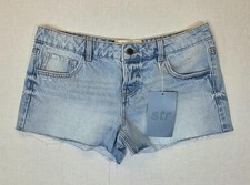 Pantaloncini Stradivarius ragazza donna taglia UK 10 blu chiaro mini vita bassa sfilacciati nuovi con etichette