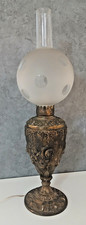 Antica Lampada Lume da Tavolo ad Olio in Bronzo e Vetro Elettrificata Vintage