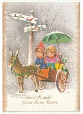 1973 cartolina vintage auguri di Buon Natale neve bambini asino pacchi regalo