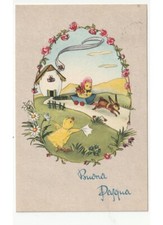 1958 MB pulcini vestiti umanizzati coniglio casa uovo cartolina Buona Pasqua