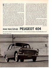 1962 PEUGOT 404 ~ PROVA SU STRADA ORIGINALE 4 PAGINE / ARTICOLO / ANNUNCIO