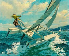 Arthur Sarnoff - Catamarano a vela scafi volanti anni 60 firmato - stampa 17" x 22"