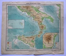 Cartina Italia Meridionale fisica, mappa monte Etna - Editore A. Vallardi 1937
