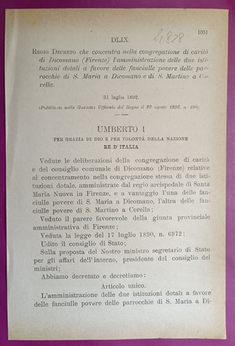 Dicomano 1892 regio decreto - 1892,