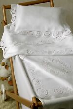 Coperta+Lenzuolo Culla Ricamati a mano in Lino bianco cm. 90x120 
