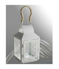 Porta Candela Lumino Lanterna In Vetro Metallo Bianco Con Manico In Corda 42263