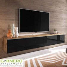 Mobile porta tv moderno sospeso con LED design 180x30 nero lucido rovere SILVIA