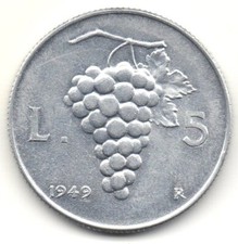 ITALIA Repubblica 1949 - KM89 - 5 lire tipo grappolo d'uva  #WEU