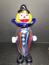 Statuina pagliaccio vintage Murano Italia vetro soffiato a mano blu e rosso su trasparente 10"