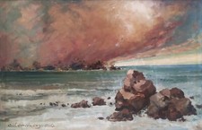 Aladar Lendvay Peinture Aquarelle Milieu 20ème Paysage Marin Coucher du Soleil