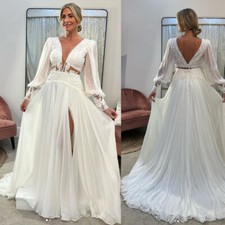 Abiti da sposa in chiffon con spacco laterale scollo a V maniche lunghe pizzo abiti da sposa