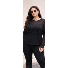 Black Fringe Mesh Top 4X Sheer