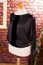Elegante Top Nero Raso Pizzo Velluto Blacky Dress Pipistrello Moda-Sera M