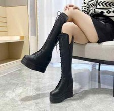 stivali donna ginocchio platform donna zeppa 12 cm nero pelle sintetica CZ653