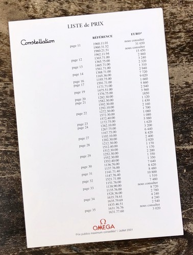 Omega price list euro - price, 2001