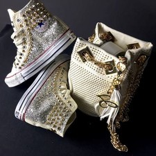 Converse Beige personalizzate tessuto Glitter Argento borchie oro effetto sporco