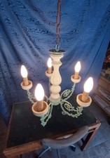 Lampadario Shabby Bronzo E Legno Anni 50 Verde Tiffany Originale Revisionato