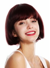 Parrucca da Donna Veri Corto Bob Liscio Frangia Bordeaux Rosso Marrone-Rosso