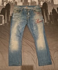 Jeans Uomo Denim Disegni Palme "Beach" con Schizzi di Pittura Bianca Taglia 42