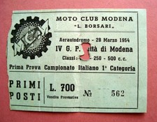 Biglietto Moto Club Borsari Modena Autodromo 1954 IV G.P Città di Modena