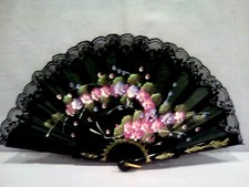 VENTAGLIO GRANDE IN STOFFA DIPINTO A MANO E MERLETTO REF.1500 - VINTAGE 1990 